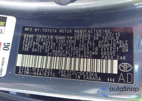 2015 Toyota Corolla S z USA, uszkodzony, nr VIN 2T1BURHE3FC384940